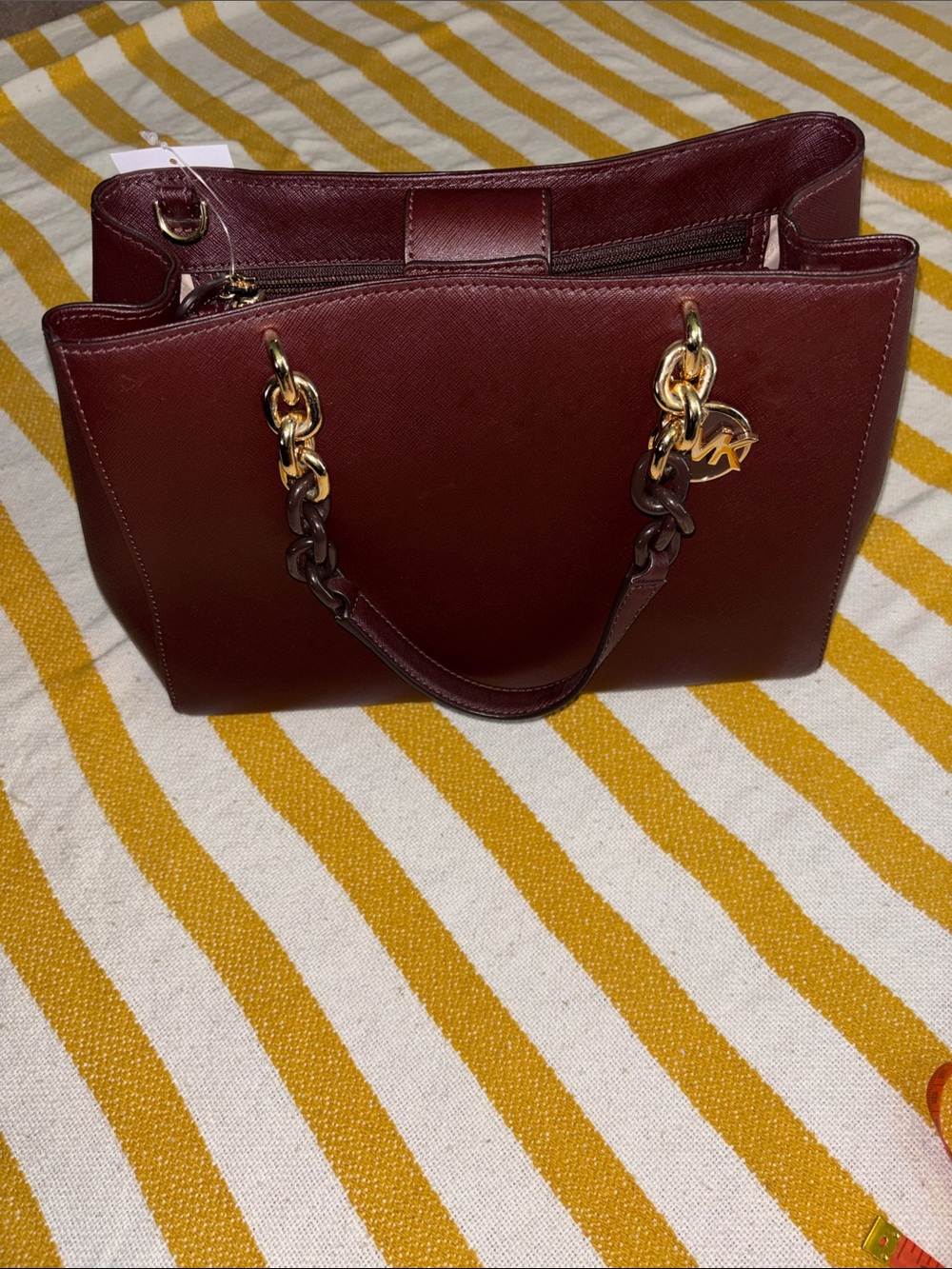 Michael Kors Wine Saffiano Leather Satchel with Gold Hardware